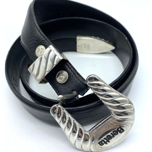 Vtg Big Al ,Al Beres black Leather Belt Silver overlay‎ Buckle 36 USA, Beretta - Picture 1 of 8